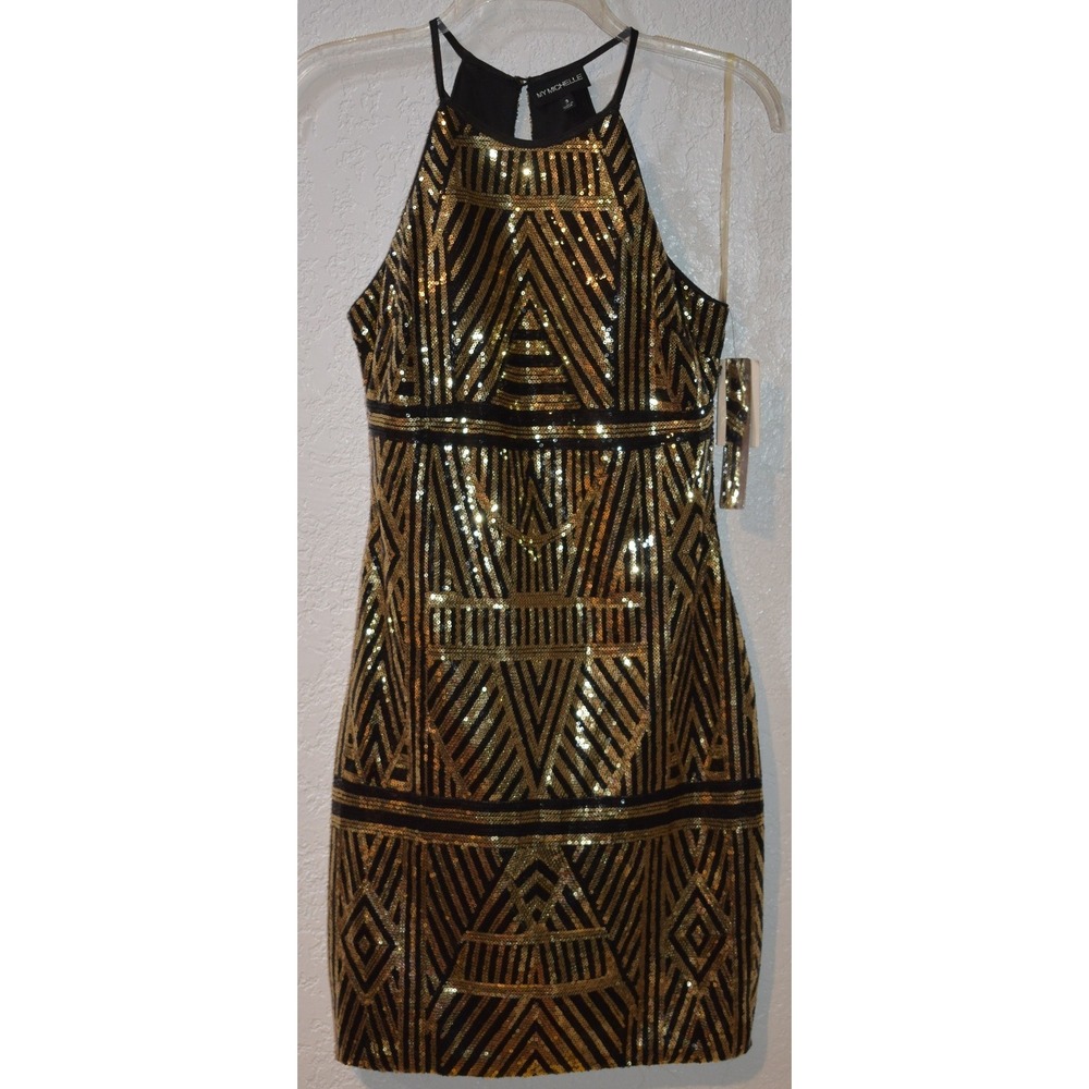 My Michelle Gold Black Sequin Geometric Egyptian Halter Mini Dress Size 3 NEW